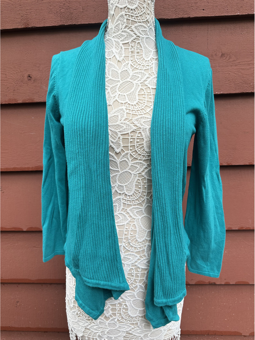 Fever‎ Teal Open Front Cardigan Sweater Ribbed Shawl Collar Y2K Casual